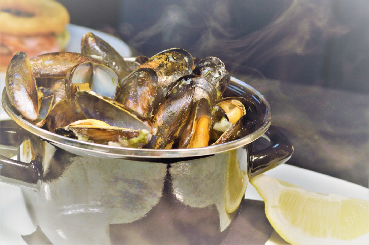 Moules frites in a silver pot